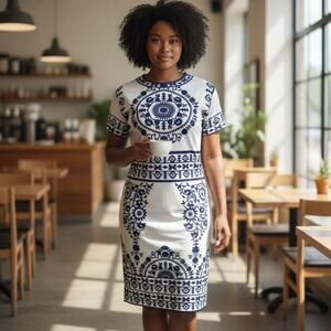 Floerns Porcelain Print Work Sheath Business Pencil Porcelain Bodycon Dress M